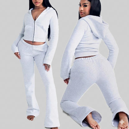 High Quality Lounge Wear Women Clothing Cropped Jacket With Sleek Essence Flared Lace Trim Leggings Women Jacket Two 2Pieces Set