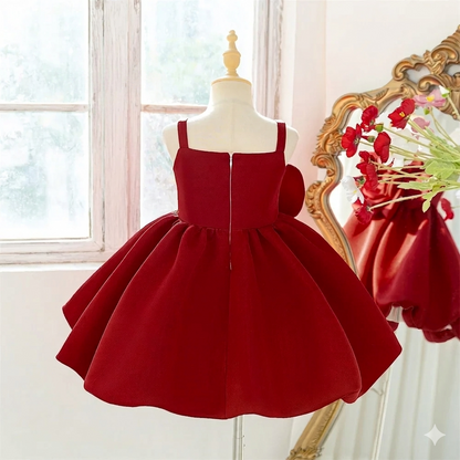 Satin Dress for Girls Fluffy Bow Big Flower Appliqued O-Neck Collar Sweet Style Knee-Length for Summer Kids Party Dress
