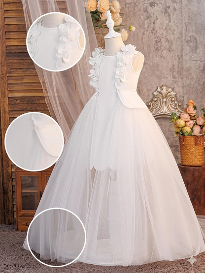 White Princess Satin Ball Gown Kids Dress for Christening Hot Sale Knee-Length Flower Bow O-Neck for Girl Pageant Tailing.