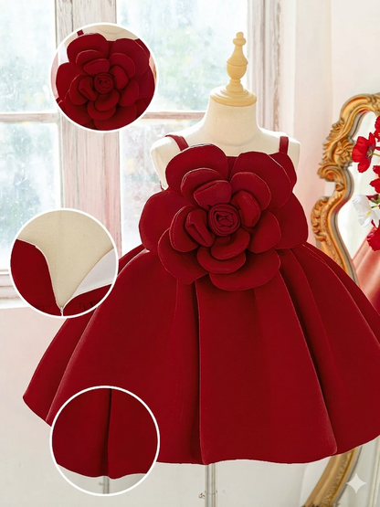 Satin Dress for Girls Fluffy Bow Big Flower Appliqued O-Neck Collar Sweet Style Knee-Length for Summer Kids Party Dress