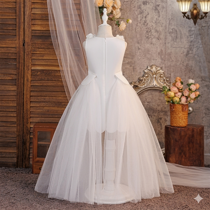White Princess Satin Ball Gown Kids Dress for Christening Hot Sale Knee-Length Flower Bow O-Neck for Girl Pageant Tailing.