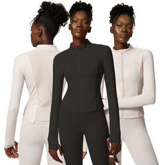 Women's Long Floral Nylon Sports Jacket Naked Zip Yoga Jacket for Fall/Winter Fitness Front Logo Washed Technique