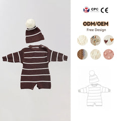 Custom Logo Winter Toddler Girls Knit Romper Infant Boy Long Sleeve Warm Striped Sweater Newborn Baby Knitted Clothes