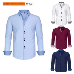 Men's Long Sleeve Shirt Casual Business Color Collision Design Chemise Homme Polyester Spandex Elastic Fabric Vetement Homme