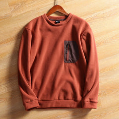 Men's Casual Contrast Color Patch Pocket Neck Fleece Sweatshirt Autumn Winter Cost-Effective Heat-Storing Design Raw Processing