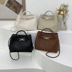 Vintage Woven Handbag With Metal butterfly Buckle Single Shoulder Women's Bag Large Capacity Tote Bag