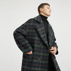 Men's Mid-Length Autumn Winter Trenchcoat New Fashionable Plaid Design Woolen Overcoat Fur Decoration Loose Fit Long Processing