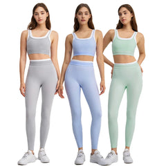 New Summer Yoga Suit White Striped Hip Pants Short Top Knee Length Sling Running Sports Bra Packaged Bag Two-Piece Contrast