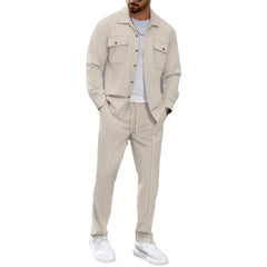 Quality  Men's Casual Waffle Tracksuit Set T-Shirt & with Pockets Knitted Fabric Set Men Comfortable  Tracksuit Set