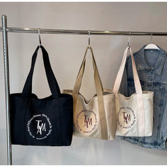 Durable Canvas Tote Bag Zipper Closure Women's Letter Pattern Large Capacity Shopping Bag with Hand Length Handle PP Packaging