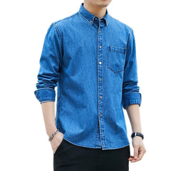Men's Long Sleeve Denim Shirt Simple Cardigan Slim Fit Japanese Style Casual 100% Cotton Quick Dry Autumn Jacket