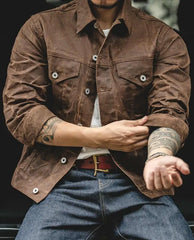 Men's Retro Oil Waxed Canvas Jacket 100% Cotton Customizable Labels Khaki Light Casual Safari for Winter Coated Processing