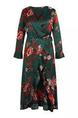 Custom Fashion Autumn Women Oversize Long Sleeve V-Neck Floral Ruffle Wrap Satin Sexy Holiday Casual Midi Plus Size Women Dress