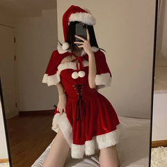 Winter Cute Christmas Costume Red Shawl Plush Patchwork Mini Skirt Unisex Polyester Christmas Outfits Sexy Dress