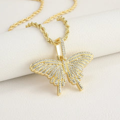 Hip Hop Style Gold Plated Full Diamonds Butterfly Pendant Necklace Trendy Rope Chain Religious Gift for Men Women