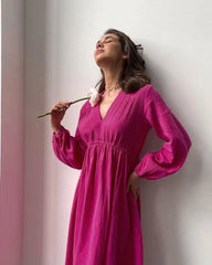 Boutique Women's A-Line Midi Dresses Fall Spring Sexy Loose Casual Puff Sleeve V Neck Solid Natural Apparels Supply for