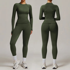 Cross-Border Long Sleeve Fitness Yoga Suit Double-Sided Sanding Naked Coat Solid Color Tight Running Two-Piece Set