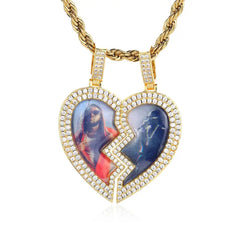 Hip Hop Fine Jewelry Iced Out Broken Heart Charm Photo Necklace White Gold Plated Custom Memory Photo Frame Pendant