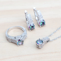 Magic Rainbow Topaz 925 Silver Jewelry Sets for Women Bridal Wedding White CZ Stones Earrings Ring Bracelet Pendant Necklace Set