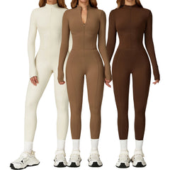 One-Piece Jumpsuit Stand Collar Zipper Warm Long Sleeve for Outdoor Leisure Sports Fitness Yoga Clothing Breathable Solid