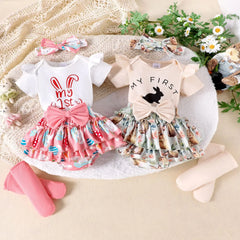 2025 Unisex European and American Baby Four-Piece Set Cotton Rabbit Print Short Sleeve Jumpsuit Skirt for Summer Season
