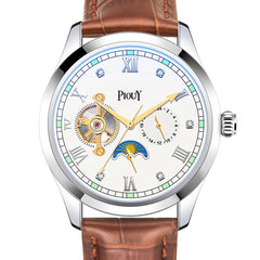PIOUY D Y001 Moon Phase Skeleton Mechanical Wrist Watch Mens Luxury Automatic Tourbillon Genuine Leather Strap Wristwatch