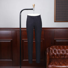 Exclusive Classic British Retro Style Gentleman's Slim-Fit Long Trousers Black White Striped Breathable Worsted Zipper XL for