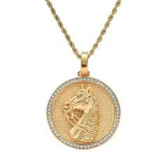 New Design Stainless Steel Gold Coin Iced Out Bling Diamond Cz Mini Horse Pendants Necklace for Man