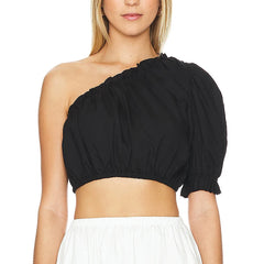 Custom Designer Clothes Manufactures Summer Women Fashion One Shoulder Blouses Shirts Puff Sleeve Crop Top Asymmetric Short Top