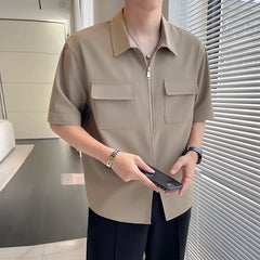 Summer Casual Single Breasted Half-Zip Cargo Shirt Men Five-Quarter Sleeve 2025 New Polyester/Cotton Anti-pilling Stand Collar
