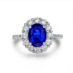 925 Sterling Silver Women Cubic Zirconia Halo Engagement Ring Oval Blue Sapphire Rings