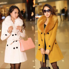 Winter Women's Large Fur Collar Woolen Coat Double-Breasted Women's Coat Woolen Coat Female Long Section