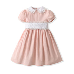 Girls Pink Dress White Peter Pan Collar Lace Design Summer Short Sleeves Cotton Dresses for Birthday Party Boutique Clothing