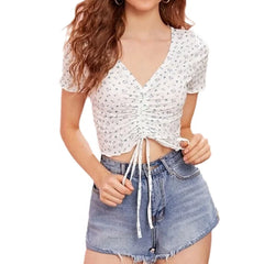Custom Oem High Quality European Fashion Summer Female Elegant Casual Blouses White Women  Floral Printed Crop Top