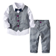 Men's Casual Four-Piece Set Gray Plaid Gentleman Suit with Long Sleeve Shirt Waistcoat Trousers Bow Tie