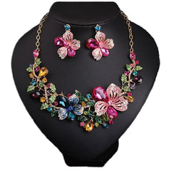 Color Flowers Crystal Gemstone Earrings Women Bride Dinner Dress Jewelry Necklace Earring Set