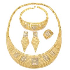 Choker Diamond Earrings Ring Bracelet Four Piece Arabic Big Gold Plated Necklace Dubai Women Jewelry Sets