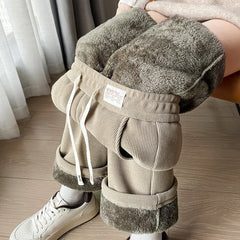 Women Thick Plush Warm Pants High Waist Corduroy Long Straight Pants Women Fashion Drawstring Casual Trousers
