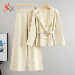 Spring and Autumn 2026 Women's Fashion Long Sleeve Collar Knitted Jacket&Loose Wide Leg Pants Set