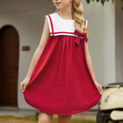 Wholesale Summer Children Girls Sleeveless Dress Sailor Collar A-Line Christmas Birthday Party Dress for Toddlers With Bow