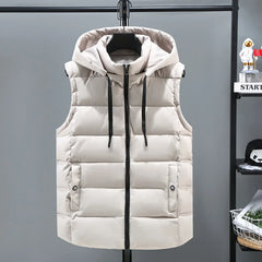 Winter Down Jacket Vest Excellent Sleeveless Thermal Down Coat Woven Men Puffer Removable Hoodie Warm Plus Size