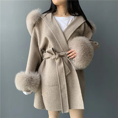 Fuzzy Fur Hood Double Faced Woolen Coat Belt Soft Winter Fluffy Big Real Fox Fur Collar Cuffs Luxury Wool Coat for Women