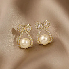 Fashion Full Diamonds Bow Knot Pearl Stud Earrings for Women Jewelry