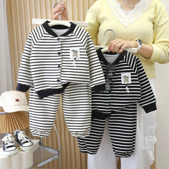 Children's Autumn Boys' & Girls' Striped Casual Cardigan Sweater Two-Piece Long Sleeve Set Polyester/Cotton