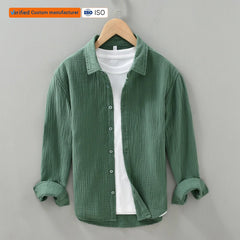 Men's Casual Long-Sleeved 100% Cotton Yarn Shirt Comfortable Creased Design Turn Dong Collar Breathable Chemise Homme