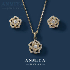 Women White or Rose Gold Plated White Zircon Roses Flowers S925 Necklace and Earrings Set Dubai Gold Jewelry Set