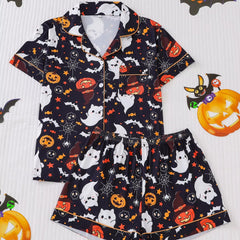 Plus Size Halloween Ghost Pumpkin Sleep Wear Short Sleeve Shirts 2 Pcs Sets Lounge Wear Shorts Pajamas Set for Women