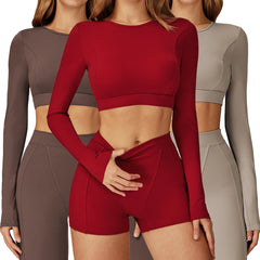 Nylon Fabric Long Sleeve Sports Top Fashionable Solid Crew Neck Fitness Yoga Running Top Lightweight Print for Spring Shockproof