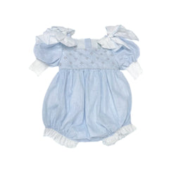 Blue Baby Romper Square Collar Handmade Bead Elastic Cuffs Heirloom Quality Christening Rompers for Newborn Birthday Party