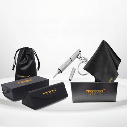 Glasses Care Kit: Folding Case, Cleaning Cloth, Pouch, Drawer Box, & Screwdriver - MCROONS.COM